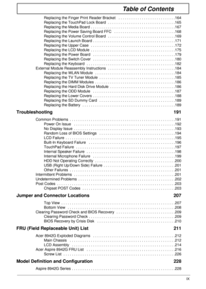 Page 9IX
Table of Contents
Replacing the Finger Print Reader Bracket   . . . . . . . . . . . . . . . . . . . . . . . . . . .164
Replacing the TouchPad Lock Board  . . . . . . . . . . . . . . . . . . . . . . . . . . . . . . . .165
Replacing the Media Board . . . . . . . . . . . . . . . . . . . . . . . . . . . . . . . . . . . . . . . .167
Replacing the Power Saving Board FFC   . . . . . . . . . . . . . . . . . . . . . . . . . . . . .168
Replacing the Volume Control Board  . . . . . . . . . . . . . . . . . . . ....