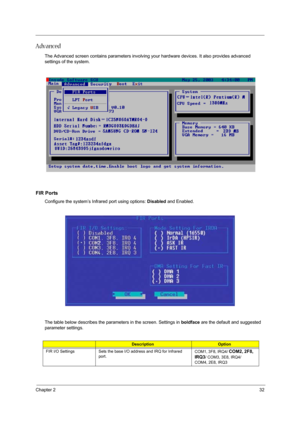 Page 39Chapter 232
Advanced
The Advanced screen contains parameters involving your hardware devices. It also provides advanced 
settings of the system.
FIR Ports
Configure the system’s Infrared port using options: Disabled and Enabled.
The table below describes the parameters in the screen. Settings in boldface are the default and suggested 
parameter settings.
DescriptionOption
FIR I/O Settings Sets the base I/O address and IRQ for Infrared 
port.COM1, 3F8, IRQ4/ 
COM2, 2F8, 
IRQ3
/ COM3, 3E8, IRQ4/ 
COM4,...