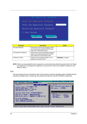 Page 4235Chapter 2
 
NOTE: When you are prompted to enter a password, you have three tries before the system halts. Don’t forget 
your password. If you forget your password, you may have to return your notebook computer to your 
dealer to reset it.
Boot
This menu allows the user to decide the order of boot devices to load the operating system. Bootable devices 
includes the distette drive in module bay, the onboard hard disk drive and the CD-ROM in module bay.
ParameterDescriptionOption
Set User Password Press...