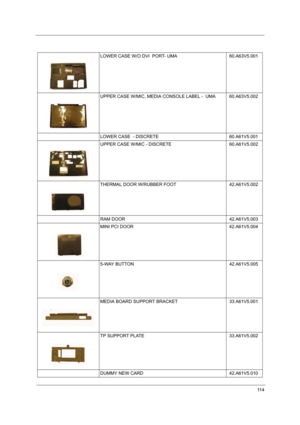 Page 11911 4
LOWER CASE W/O DVI  PORT- UMA 60.A63V5.001
UPPER CASE W/MIC, MEDIA CONSOLE LABEL -  UMA 60.A63V5.002
LOWER CASE  - DISCRETE 60.A61V5.001
UPPER CASE W/MIC - DISCRETE 60.A61V5.002
THERMAL DOOR W/RUBBER FOOT 42.A61V5.002
RAM DOOR 42.A61V5.003
MINI PCI DOOR 42.A61V5.004
5-WAY BUTTON 42.A61V5.005
MEDIA BOARD SUPPORT BRACKET 33.A61V5.001
TP SUPPORT PLATE 33.A61V5.002
DUMMY NEW CARD 42.A61V5.010 
