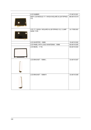 Page 125120
LCD RUBBER  47.A61V5.001
ASSY LCD MODULE 17.1 WXGA W/GLARE AU (B170PW02 
V. 0 )6M.A61V5.015
LCD 17.1 WXGA  W/GLARE AU (B170PW02 V.0)  2 LAMP 
GARE TYPELK.17005.003
LCD INVERTER - 10MM 19.A61V5.002
LCD PANEL WITH LOGO W/ANTENNA - 10MM 60.A61V5.005
LCD BEZEL - 17 IN. 60.A61V5.004
LCD BRACKET - 10MM L   33.A61V5.007
LCD BRACKET - 10MM R   33.A61V5.008 