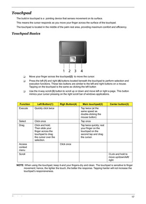 Page 23Chapter 117
Touchpad
The build-in touchpad is a  pointing device that senses movement on its surface. 
This means the cursor responds as you move your finger across the surface of the touchpad.
The touchpad is located in the middle of the palm rest area, providing maximum comfort and efficiency.
Touchpad Basics
TMove your finger across the touchpad(2)  to move the cursor.
TPress the left (1) and right (4) buttons located beneath the touchpad to perform selection and 
execution functions. These two...