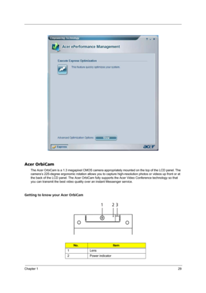 Page 35Chapter 129
Acer OrbiCam
The Acer OrbiCam is a 1.3 megapixel CMOS camera appropriately mounted on the top of the LCD panel. The 
camera’s 225-degree ergonomic rotation allows you to capture high-resolution photos or videos up front or at 
the back of the LCD panel. The Acer OrbiCam fully supports the Acer Video Conference technology so that 
you can transmit the best video quality over an instant Messenger service.
Getting to know your Acer OrbiCam
No.Item
1 Lens
2 Power indicator
# Item
123 