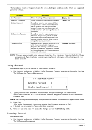 Page 5454Chapter 2
The table below describes the parameters in this screen. Settings in boldface are the default and suggested 
parameter settings.
NOTE: When you are prompted to enter a password, you have three tries before the system halts. Don’t forget 
your password. If you forget your password, you may have to return your notebook computer to your 
dealer to reset it.
Setting a Password
Follow these steps as you set the user or the supervisor password:
1.Use the cursor up/down key to highlight the Set...