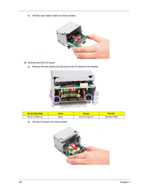 Page 6456Chapter 3
b.Pull the card reader board out of the bracket. 
12.Remove the front I/O board.
a.Remove the two screws (A) that secure the I/O board to the bracket. 
b.Pull the I/O board out of the bracket. 
Screw (Quantity)ColorTo r q u ePart No.
#6-32 L5 BZN (2) Black 5.5 to 6.5 kgf-cm 86.00J07.B60 