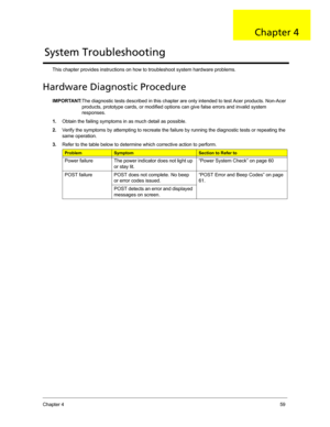 Page 67Chapter 459
This chapter provides instructions on how to troubleshoot system hardware problems.  
Hardware Diagnostic Procedure
IMPORTANT:The diagnostic tests described in this chapter are only intended to test Acer products. Non-Acer 
products, prototype cards, or modified options can give false errors and invalid system 
responses.
1.Obtain the failing symptoms in as much detail as possible.
2.Verify the symptoms by attempting to recreate the failure by running the diagnostic tests or repeating the...