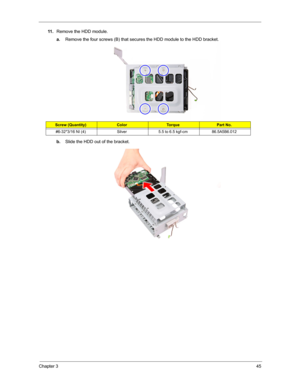 Page 53Chapter 345
11 .Remove the HDD module. 
a.Remove the four screws (B) that secures the HDD module to the HDD bracket. 
b.Slide the HDD out of the bracket. 
Screw (Quantity)ColorTo r q u ePart No.
#6-32*3/16 NI (4) Silver 5.5 to 6.5 kgf-cm 86.5A5B6.012 