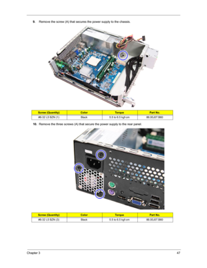 Page 55Chapter 347
9.Remove the screw (A) that secures the power supply to the chassis.
10.Remove the three screws (A) that secure the power supply to the rear panel. 
Screw (Quantity)ColorTo r q u ePart No.
#6-32 L5 BZN (1) Black 5.5 to 6.5 kgf-cm 86.00J07.B60
Screw (Quantity)ColorTo r q u ePart No.
#6-32 L5 BZN (3) Black 5.5 to 6.5 kgf-cm 86.00J07.B60 