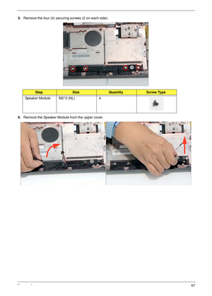 Page 67Chapter 357
3.Remove the four (4) securing screws (2 on each side).
4.Remove the Speaker Module from the upper cover.
StepSizeQuantityScrew Type
Speaker Module M2*3 (NL) 4 