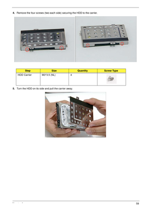 Page 69Chapter 359
4.Remove the four screws (two each side) securing the HDD to the carrier.
5.Turn the HDD on its side and pull the carrier away.
StepSizeQuantityScrew Type
HDD Carrier M3*3.5 (NL) 4 