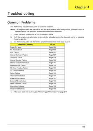 Page 113Chapter 4103
Troubleshooting
Common Problems
Use the following procedure as a guide for computer problems.
NOTE: The diagnostic tests are intended to test only Acer products. Non-Acer products, prototype cards, or 
modified options can give false errors and invalid system responses.
1.Obtain the failing symptoms in as much detail as possible.
2.Verify the symptoms by attempting to re-create the failure by running the diagnostic test or by repeating 
the same operation.
3.Use the following table with the...