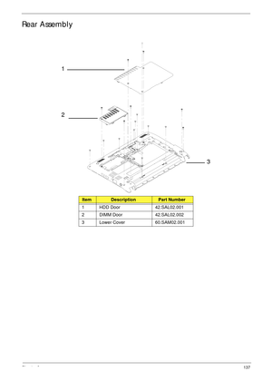 Page 147Chapter 6137
Rear Assembly
ItemDescriptionPart Number
1 HDD Door 42.SAL02.001
2 DIMM Door 42.SAL02.002
3 Lower Cover 60.SAM02.001
1
2
3 