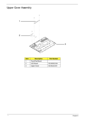 Page 148138Chapter 6
Upper Cover Assembly
ItemDescriptionPart Number
1 TouchPad Board
2 LED Board 55.SAS02.004
3 Upper Cover 60.SAL02.001
1
2
3 