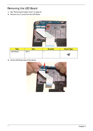 Page 6858Chapter 3
Removing the LED Board
1.See “Removing the Upper Cover” on page 54.
2.Remove one (1) screw from the LED Board.
3.Lift the LED Board clear of the device.
StepSizeQuantityScrew Type
LED Board M2*3 1 