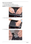 Page 6252Chapter 3
Removing the Keyboard
1.See “Removing the Battery Pack” on page 42.
2.Turn the computer rightside up and open the lid to the full extent.
3.Unlock the center securing latch by pressing down with a plastic tool.
IMPORTANT: The use of metal tools may damage the outer casing. Use only plastic tools.
4.Grasp the Keyboard and lift upward in the center as shown.
5.Turn the Keyboard over and open Keyboard FPC securing latch. 