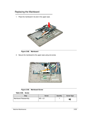 Page 109Machine Maintenance3-55
Replacing the Mainboard0
1. Place the mainboard in its slot in the upper case.
Figure 3-88. Mainboard
2. Secure the mainboard to the upper case using one screw. 
Figure 3-89. Mainboard Screw
Table 3-89. Screw
StepScrewQuantityScrew Type
Mainboard Reassembly M2 × L31 