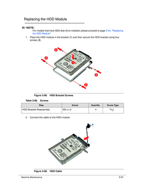 Page 115Machine Maintenance3-61
Replacing the HDD Module0
NOTE:NOTE:
For models that have SSD disk drive installed, please proceed to page 3-64,  “ Replacing 
the SSD Module ” 
1. Place the HDD module in the bracket ( 1) and then secure the HDD bracket using four 
screws ( 2). 
Figure 3-98. HDD Bracket Screws
2. Connect the cable to the HDD module. 
Figure 3-99. HDD Cable
Table 3-98. Screws
StepScrewQuantityScrew Type
HDD Bracket Reassembly
M3 x L44 