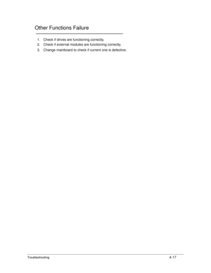 Page 147Troubleshooting4-17
Other Functions Failure0
1. Check if drives are functioning correctly.
2. Check if external modules are functioning correctly.
3. Change mainboard to check if current one is defective. 