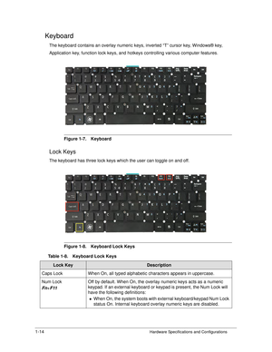 Page 221-14Hardware Specifications and Configurations
Keyboard0
The keyboard contains an overlay numeric keys, inverted “T” cursor key, Windows® key,
Application key, function lock keys, and hotk eys controlling various computer features.
Figure 1-7. Keyboard
Lock Keys0
The keyboard has three lock keys which the user can toggle on and off.
Figure 1-8. Keyboard Lock Keys
Table 1-8. Keyboard Lock Keys
Lock KeyDescription
Caps Lock When On, all typed alphabetic characters appears in uppercase.
Num Lock
Fn +F11 Off...