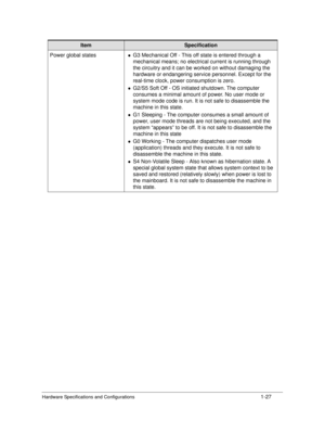 Page 35Hardware Specifications and Configurations1-27
Power global statesG3 Mechanical Off - This off state is entered through a 
mechanical means; no electrical current is running through 
the circuitry and it can be worked on without damaging the 
hardware or endangering service personnel. Except for the 
real-time clock, power consumption is zero.
G2/S5 Soft Off - OS initiated shutdown. The computer 
consumes a minimal amount of power. No user mode or 
system mode code is run. It is not safe to disassemble...