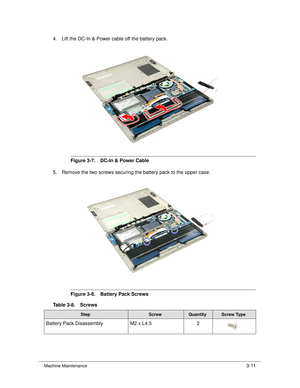 Page 65Machine Maintenance3-11
4. Lift the DC-In & Power cable off the battery pack.
Figure 3-7. DC-In & Power Cable
5. Remove the two screws securing the battery pack to the upper case.
Figure 3-8. Battery Pack Screws
Table 3-8. Screws
StepScrewQuantityScrew Type
Battery Pack Disassembly M2 x L4.52 