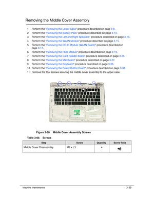Page 93Machine Maintenance3-39
Removing the Middle Cover Assembly0
1. Perform the “Removing the Lower Case ” procedure described on page 3-9.
2. Perform the “ Removing the Battery Pack ” procedure described on page 3-10.
3. Perform the “ Removing the Left and Right Speakers ” procedure described on page3-13.
4. Perform the “ Removing the WLAN Module ” procedure described on page 3-15.
5. Perform the “ Removing the DC-In Module (WLAN Board) ” procedure described on 
page 3-17.
6. Perform the “ Removing the HDD...