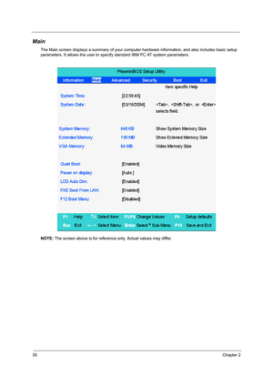 Page 4435Chapter 2
Main
The Main screen displays a summary of your computer hardware information, and also includes basic setup 
parameters. It allows the user to specify standard IBM PC AT system parameters.
NOTE: The screen above is for reference only. Actual values may differ. 