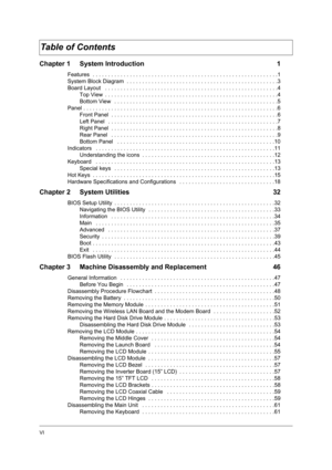 Page 6VI
Chapter 1 System Introduction  1
Features  . . . . . . . . . . . . . . . . . . . . . . . . . . . . . . . . . . . . . . . . . . . . . . . . . . . . . . . . . . . .1
System Block Diagram  . . . . . . . . . . . . . . . . . . . . . . . . . . . . . . . . . . . . . . . . . . . . . . . . .3
Board Layout   . . . . . . . . . . . . . . . . . . . . . . . . . . . . . . . . . . . . . . . . . . . . . . . . . . . . . . . .4
Top View  . . . . . . . . . . . . . . . . . . . . . . . . . . . . . . . . . . . . . . . . . ....