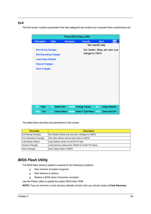 Page 53Chapter 244
Exit
The Exit screen contains parameters that help safeguard and protect your computer from unauthorized use.
The table below describes the parameters in this screen.
BIOS Flash Utility
The BIOS flash memory update is required for the following conditions:
TNew versions of system programs
TNew features or options
TRestore a BIOS when it becomes corrupted. 
Use the Phlash utility to update the system BIOS flash ROM.
NOTE: If you do not have a crisis recovery diskette at hand, then you should...