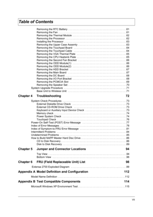 Page 7VII
Removing the RTC Battery  . . . . . . . . . . . . . . . . . . . . . . . . . . . . . . . . . . . . . . . . .61
Removing the Fan . . . . . . . . . . . . . . . . . . . . . . . . . . . . . . . . . . . . . . . . . . . . . . . .61
Removing the Thermal Module  . . . . . . . . . . . . . . . . . . . . . . . . . . . . . . . . . . . . . .62
Removing the Processor . . . . . . . . . . . . . . . . . . . . . . . . . . . . . . . . . . . . . . . . . . .62
Installing the Processor . . . . . . . . . . . . . . . . . . ....