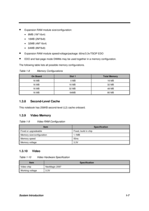 Page 17System Introduction1-7
· Expansion RAM module size/configuration:
· 8MB (1M*16x4)
· 16MB (2M*8x8)
· 32MB (4M*16x4)
· 64MB (8M*8x8)
· Expansion RAM module speed/voltage/package: 60ns/3.3v/TSOP EDO
· EDO and fast-page mode DIMMs may be used together in a memory configuration.
The following table lists all possible memory configurations.
Table 1-8 Memory Configurations
On BoardSlot 1Total Memory
16 MB 0 MB 16 MB
16 MB 16 MB 32 MB
16 MB 32 MB 48 MB
16 MB 64MB 80 MB
1.3.8 Second-Level Cache
This notebook has...