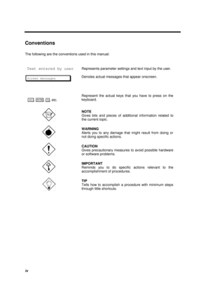 Page 4iv
Conventions
The following are the conventions used in this manual:
Text entered by userRepresents parameter settings and text input by the user.
Screen messagesDenotes actual messages that appear onscreen.
, , , etc.Represent the actual keys that you have to press on the
keyboard.
NOTE
Gives bits and pieces of additional information related to
the current topic.
WARNING
Alerts you to any damage that might result from doing or
not doing specific actions.
CAUTION
Gives precautionary measures to avoid...