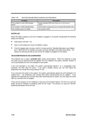 Page 321-22Service Guide
Table 1-34 Hard Disk Standby Mode Conditions and Descriptions
ConditionDescription
The condition to enter HDD Standby
ModeDisplay Standby HPM timer times-out or LCD cover is
closed.
The condition of HDD Standby Mode All the system components are on except HDD spindle motor
The condition back to On Mode Any access to HDD
BATTERY LOW
W hen the battery capacity is low and no adapter is plugged in, the system will generate the following
battery low warning:
· Flash power LED with 1 Hz.
·...