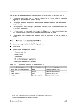 Page 33System Introduction1-23
The following processes are the basic methods used to implement the LCD brightness AutoDim.
1.  If the original brightness is over 75% and the AC power is on-line, the BIOS will change the
brightness to 75% after the AC power is off-line.
2.  If the original brightness is below 75%, the brightness maintains the same level even if the AC
power is off-line.
3.  If the brightness is already changed by the hotkey under DC power, it will not be changed after
the AC power is plugged...