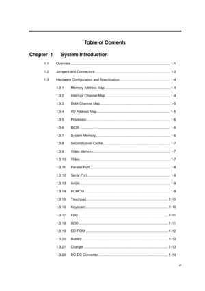 Page 5v
Table of Contents
Chapter  1 System Introduction
1.1 Overview......................................................................................................... 1-1
1.2  Jumpers and Connectors ............................................................................... 1-2
1.3  Hardware Configuration and Specification ..................................................... 1-4
1.3.1  Memory Address Map ..................................................................... 1-4
1.3.2 Interrupt...