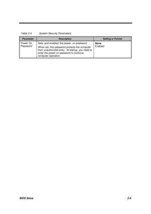 Page 47BIOS Setup2-9
Table 2-4 System Security Parameters
ParameterDescriptionSetting or Format
Power On
Password1Sets (and enables) the power- on password.
When set, this password protects the computer
from unauthorized entry.  At startup, you need to
enter the power on password to continue
computer operation.None
Enabled 