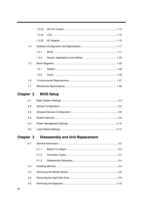 Page 6vi
1.3.23 DC-AC Inverter.............................................................................. 1-14
1.3.24 LCD ............................................................................................... 1-14
1.3.25 AC Adapter.................................................................................... 1-15
1.4  Software Configuration and Specification..................................................... 1-17
1.4.1...