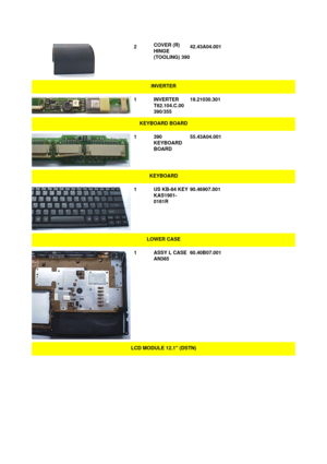 Page 892 COVER (R)
HINGE
(TOOLING) 39042.43A04.001  INVERTER1INVERTER
T62.104.C.00
390/35519.21030.301
 KEYBOARD BOARD1390
KEYBOARD
BOARD55.43A04.001
 KEYBOARD1US KB-84 KEY
KAS1901-
0161R90.46907.001
 LOWER CASE1ASSY L CASE
AN36560.40B07.001
 LCD MODULE 12.1 (DSTN) 