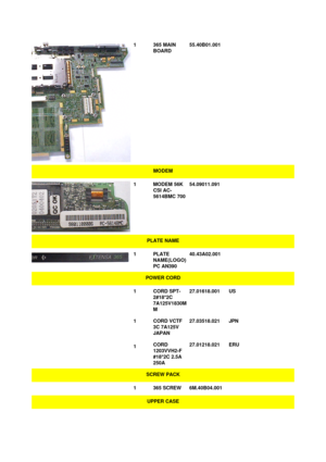 Page 931365 MAIN
BOARD55.40B01.001
 MODEM1MODEM 56K
CSI AC-
5614BMC 70054.09011.091
 PLATE NAME1PLATE
NAME(LOGO)
PC AN39040.43A02.001
 POWER CORD 1CORD SPT-
2#18*2C
7A125V1830M
M27.01618.001US
 1CORD VCTF
3C 7A125V
JAPAN27.03518.021JPN
 1 CORD
1203VVH2-F
#18*2C 2.5A
250A27.01218.021ERUSCREW PACK 1365 SCREW6M.40B04.001
 UPPER CASE 