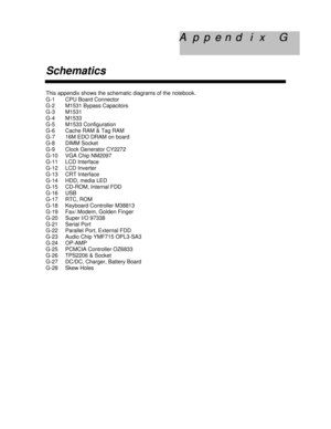 Page 97A  p  p  e  n  d   i  x     G A  p  p  e  n  d   i  x     G
SchematicsThis appendix shows the schematic diagrams of the notebook.
G-1CPU Board Connector
G-2M1531 Bypass Capacitors
G-3M1531
G-4M1533
G-5M1533 Configuration
G-6Cache RAM & Tag RAM
G-716M EDO DRAM on board
G-8 DIMM Socket
G-9Clock Generator CY2272
G-10VGA Chip NM2097
G-11LCD Interface
G-12LCD Inverter
G-13CRT Interface
G-14HDD, media LED
G-15CD-ROM, Internal FDD
G-16USB
G-17RTC, ROM
G-18Keyboard Controller M38813
G-19Fax/.Modem, Golden...