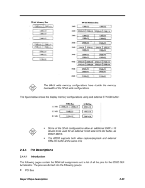 Page 109Major Chips Description2-63The 64-bit wide memory configurations have double the memory
bandwidth of the 32-bit wide configurations.
The figure below shows the display memory configurations using and external STN-DD buffer:· Some of the 32-bit configurations allow an additional 256K x 16
device to be used for an external 16-bit wide STN-DD buffer, as
shown above.
· The 65555 supports both video capture/playback and external
STN-DD buffer at the same time
2.4.4 Pin Descriptions
2.4.4.1 Introduction
The...