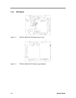 Page 161-4Service Guide1.2.2 CPU BoardFigure 1-3PCB No. 96534-SE CPU Board Layout (Top)Figure 1-4PCB No. 96534-SE CPU Board Layout (Bottom) 