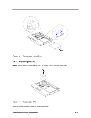 Page 156Disassembly and Unit Replacement4-15Figure 4-16Removing the Internal Drive
4.6.4 Replacing the CPU
Gently pull out the CPU heat sink and the CPU board (CN21) from the mainboard.Figure 4-17Replacing the CPU
Reverse the steps above to insert a replacement CPU. 