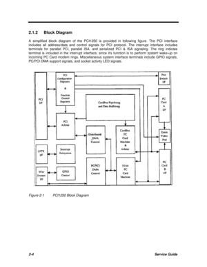 Page 502-4Service Guide2.1.2 Block Diagram
A simplified block diagram of the PCI1250 is provided in following figure. The PCI interface
includes all address/data and control signals for PCI protocol. The interrupt interface includes
terminals for parallel PCI, parallel ISA, and serialized PCI & ISA signaling. The ring indicate
terminal is included in the interrupt interface, since its function is to perform system wake-up on
incoming PC Card modem rings. Miscellaneous system interface terminals include GPIO...