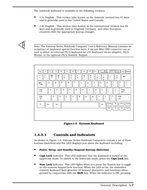 Page 15The notebook keyboard is available in the following versions:
·U.S. English - This version (also known as the domestic version) has 81 keys
and is generally used in the United States and Canada.
·U.K. English - This version (also known as the international version) has 82
keys and is generally used in England, Germany, and other European
countries with the appropriate keycap changes.
nNote: The Extensa Series Notebook Computer User’s Reference Manual contains de-
scriptions of  keyboard special function...