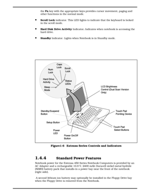 Page 16the Fn key with the appropriate keys provides cursor movement, paging and
other functions in the normal mode. 
·Scroll Lock indicator. This LED lights to indicate that the keyboard is locked
in the scroll mode.
·Hard Disk Drive Activity Indicator. Indicates when notebook is accessing the
hard drive.
·Standby Indicator. Lights when Notebook is in Standby mode.
1.4.4  Standard Power Features
Notebook power for the Extensa 450 Series Notebook Computers is provided by an
AC Adapter and a rechargeable 10.8 V,...