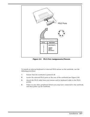 Page 28To install an external keyboard or external PS/2 mouse on the notebook, use the
following procedure:
1. Ensure that the notebook is powered off.
2.Locate the external PS/2 ports at the rear of the notebook (see Figure 2-6).
3. Attach the PS/2 cable from your mouse and/or keyboard cable to the PS/2
port(s).
4. Power on any other peripheral devices you may have connected to the notebook,
and then power up the notebook.
PS/2 Ports
Figure 2-6   PS/2 Port Assignments/Pinouts
       
Installation 
2-7 