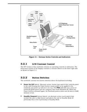 Page 363.2.1  LCD Contrast Control
The TFT version of the notebook contains no operating controls or indicators. The
Dual Scan version of the display contains a contrast switch on the lower right side
as shown in Figure 3-1.
3.2.2 Button Switches
The notebook contains two button switches above the keyboard including:
·Power On/Off 
Switch- Alternate action, button type switch that controls power
to the unit.Pressing the Power button causes power to be applied to the
notebook and power up self test to be run....