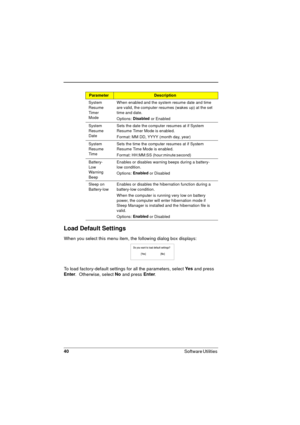 Page 4040
Software Utilities 
Load Default Settings
When you select this menu item, the following dialog box displays:
To load factory-default settings for all the parameters, select Ye s
 and press 
Enter
.  Otherwise, select No
 and press Enter
.
System 
Resume 
Time r 
ModeWhen enabled and the system resume date and time 
are valid, the computer resumes (wakes up) at the set 
time and date.
Options: Disabled
 or Enabled
System 
Resume 
DateSets the date the computer resumes at if System 
Resume Timer Mode is...