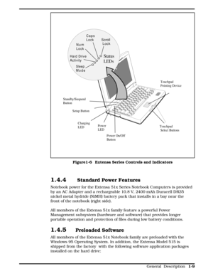 Page 171.4.4 Standard Power Features
Notebook power for the Extensa 51x Series Notebook Computers is provided
by an AC Adapter and a rechargeable 10.8 V, 2400 mAh Duracell DR35
nickel metal hydride (NiMH) battery pack that installs in a bay near the
front of the notebook (right side).
All members of the Extensa 51x family feature a powerful Power
Management subsystem (hardware and software) that provides longer
portable operation and protection of files during low battery conditions.
1.4.5Preloaded Software
All...